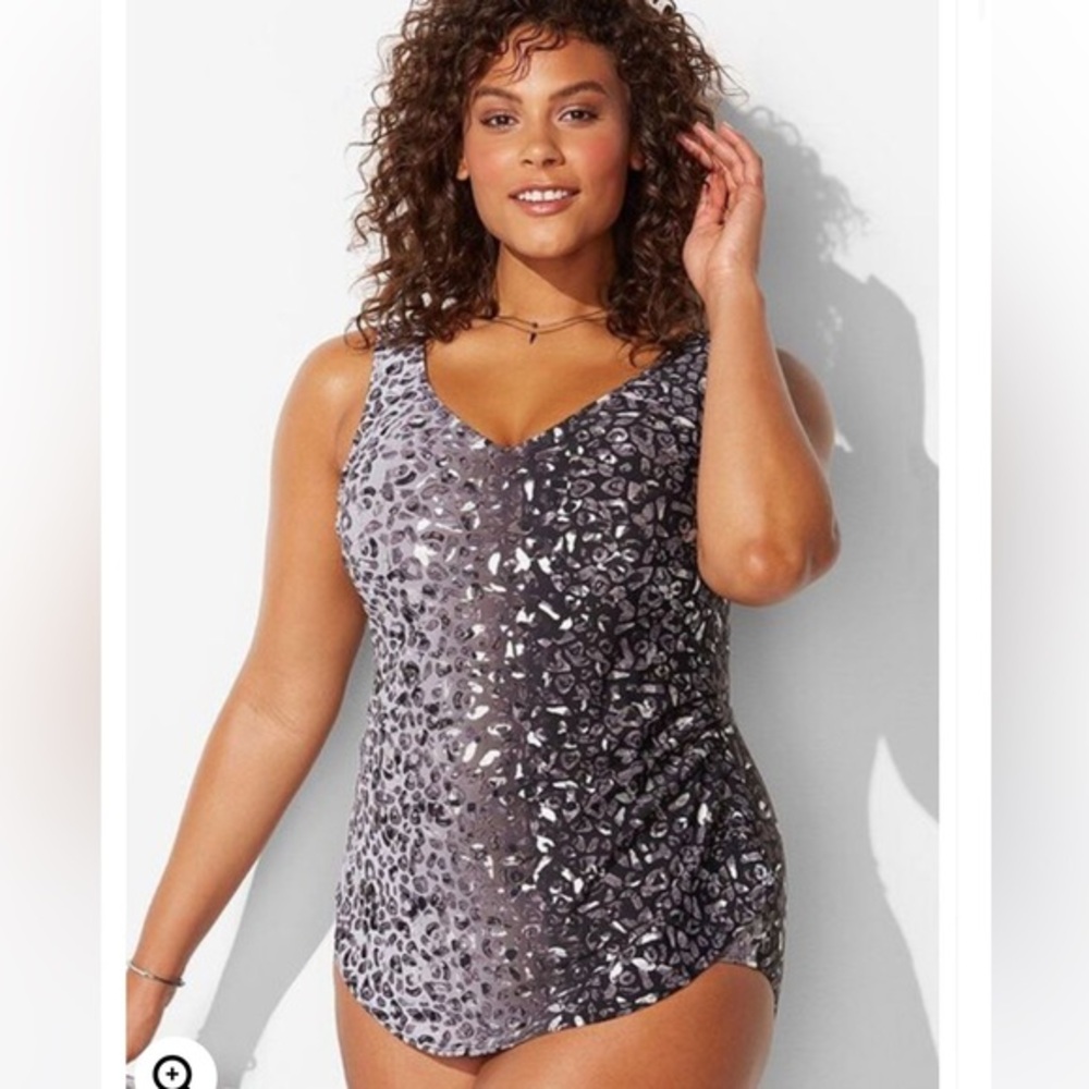 Swimsuits For All Sarong Front Silver Foil Leopard Scoop Neck Swimsuit lSize 16
